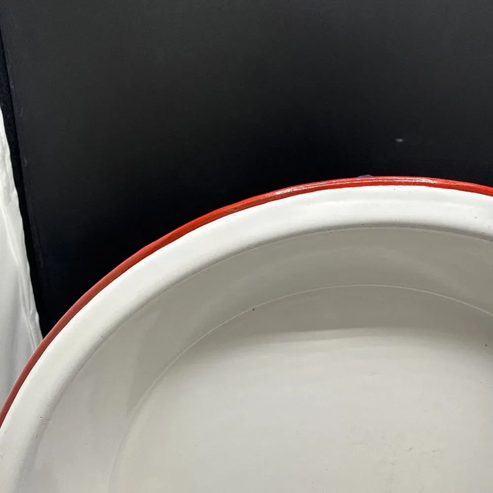 Vintage White Red Rim Enamelware Dinner Plate Farmhouse Camp Rustic 9.5 Inches